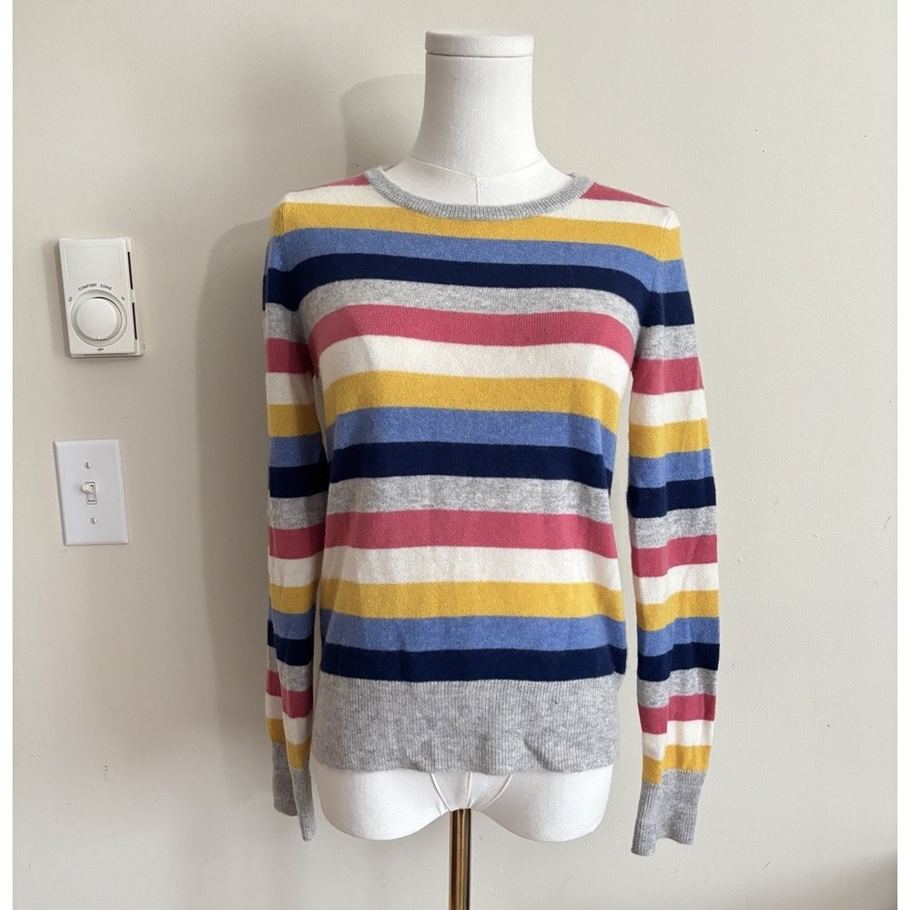 Quiet Luxury Preppy 100% Cashmere Striped Sweater XS Small Crewneck Pink Gray